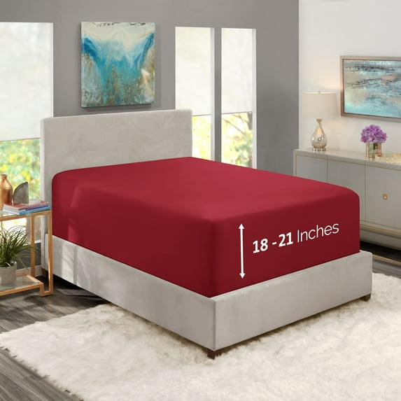 Clara Clark 1800 Microfiber Collection 18" - 21" Extra Deep Pocket Fitted Sheet, King Size, Burgundy Red