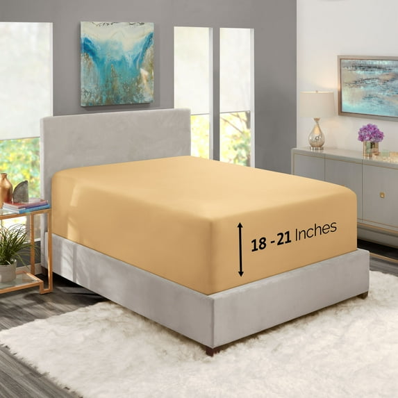 Clara Clark 1800 Microfiber Collection 18" - 21" Extra Deep Pocket Fitted Sheet, King Size, Camel Gold