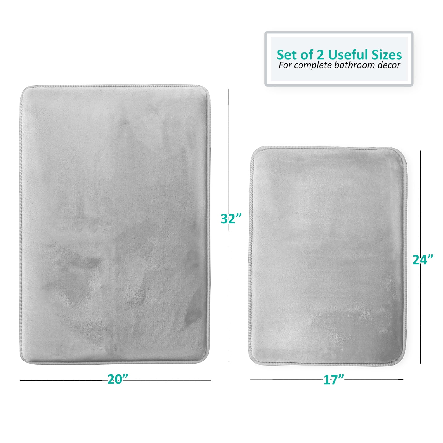 Clara Clark 2 Piece Premium Memory Foam Bathroom Mat Set, 17x24 Plus 20x32 Inch Bath Rugs, Silver