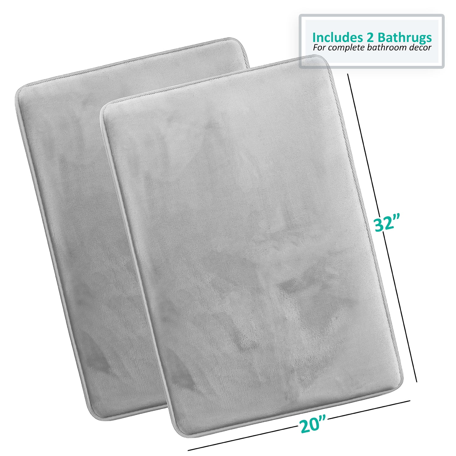 Clara Clark 2 Piece Premium Memory Foam Bathroom Mat Set, Set of 2 20x32 inch Bath Rugs, Silver
