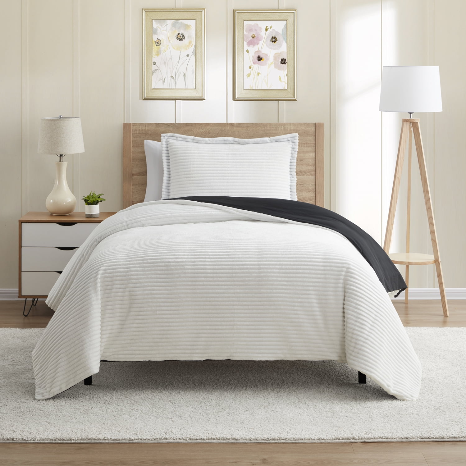 Clara Clark 2 Piece Reversible Duvet COVER Sheet & Sham Set, 100% Soft Microfiber Decorative Cut Plush Duvet COVER Twin, White & Black