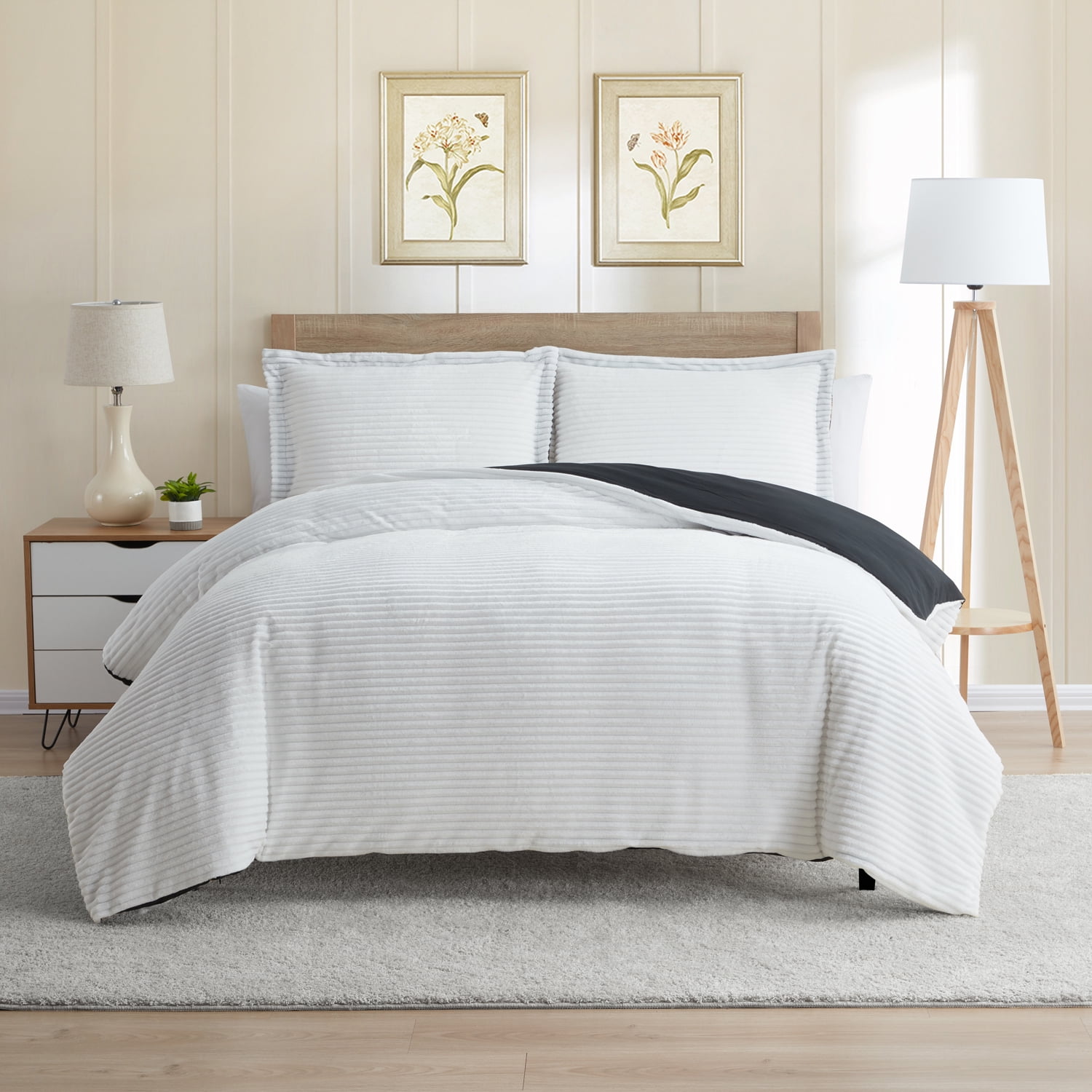 Clara Clark 3 Piece Reversible Duvet COVER Sheet & Sham Set, 100% Soft Microfiber Decorative Cut Plush Duvet COVER Full, White & Black