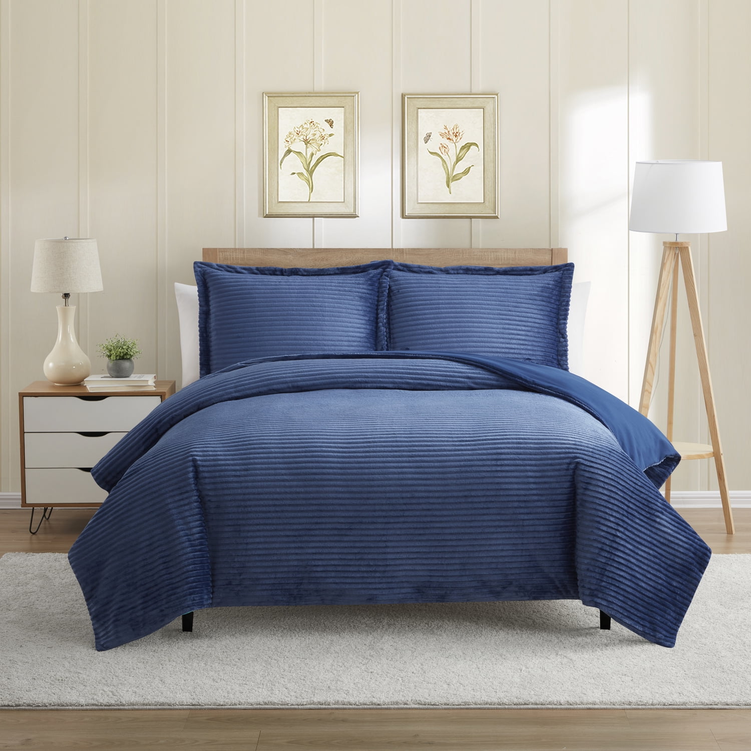 Clara Clark 3 Piece Reversible Duvet COVER Sheet & Sham Set, 100% Soft Microfiber Decorative Cut Plush Duvet COVER King, Navy