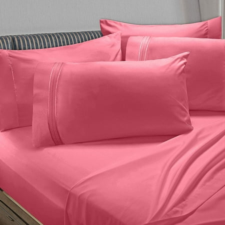 Clara Clark 6 Piece 1800 Microfiber Collection Bed Sheet Set, Deep Pockets Fitted Sheet, California King, Coral Pink
