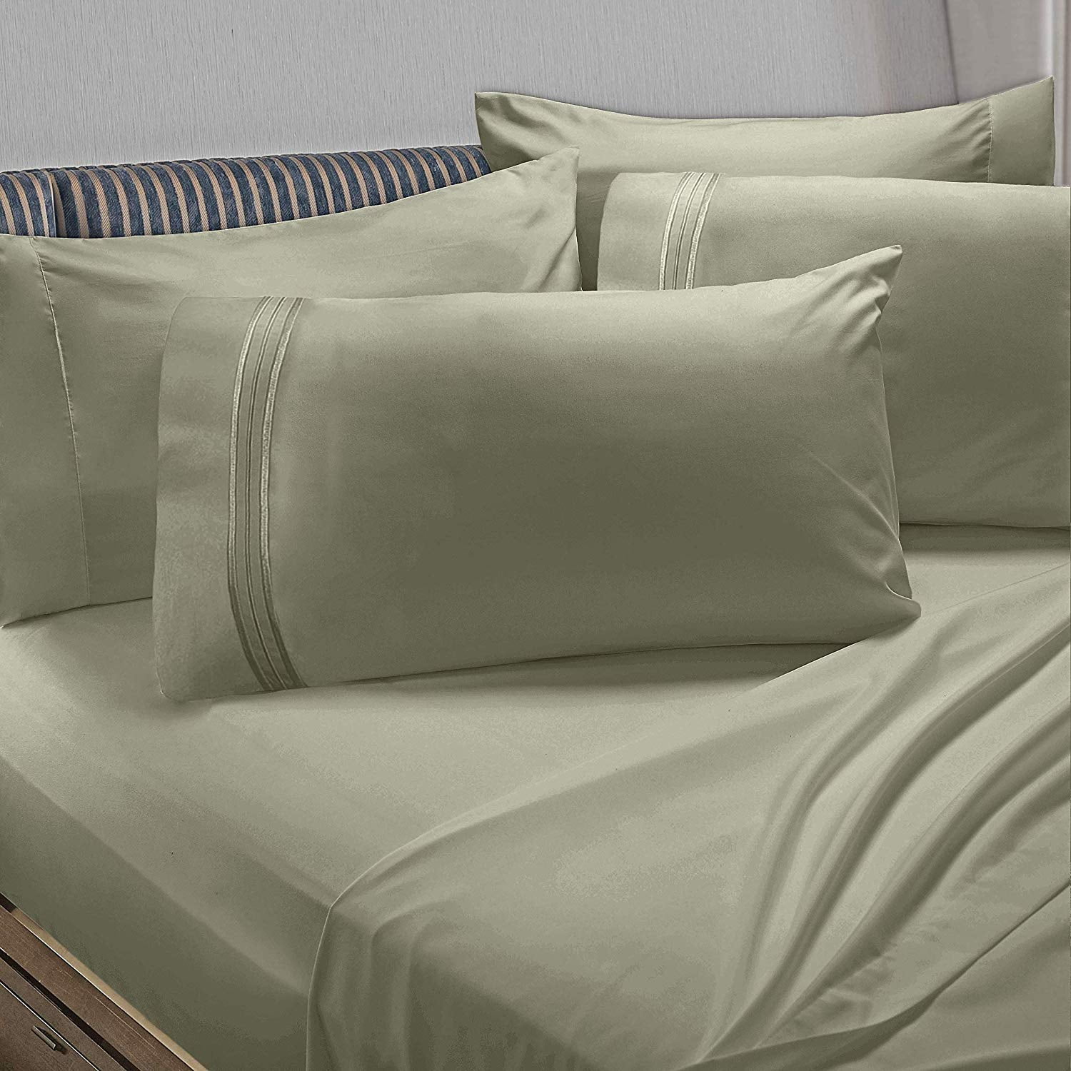 Clara Clark 6 Piece 1800 Microfiber Collection Bed Sheet Set, Deep Pockets Fitted Sheet, Flex-Top King, Sage Green