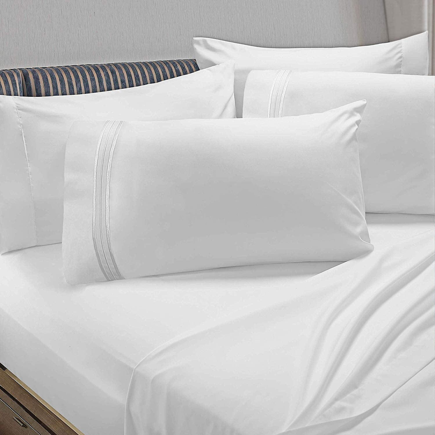 Clara Clark 6 Piece 1800 Microfiber Collection Bed Sheet Set, Deep Pockets Fitted Sheet, Flex-Top King, White