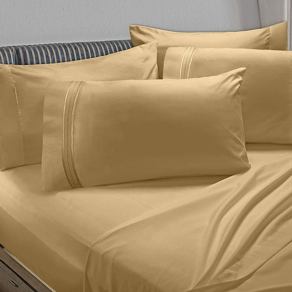 Clara Clark 6 Piece 1800 Microfiber Collection Bed Sheet Set, Deep Pockets Fitted Sheet, Full, Camel Gold
