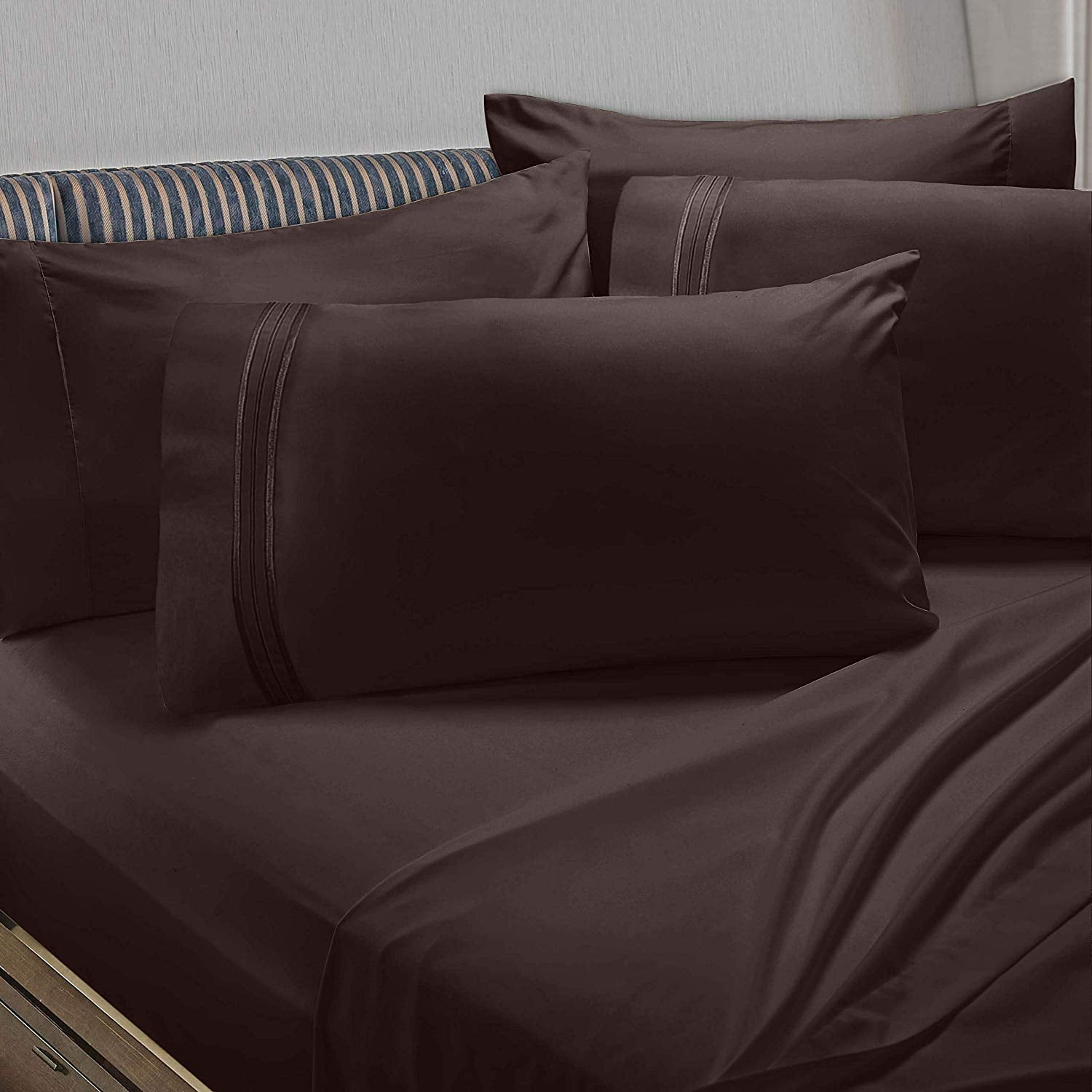 Clara Clark 6 Piece 1800 Microfiber Collection Bed Sheet Set, Deep Pockets Fitted Sheet, King, Chocolate Brown