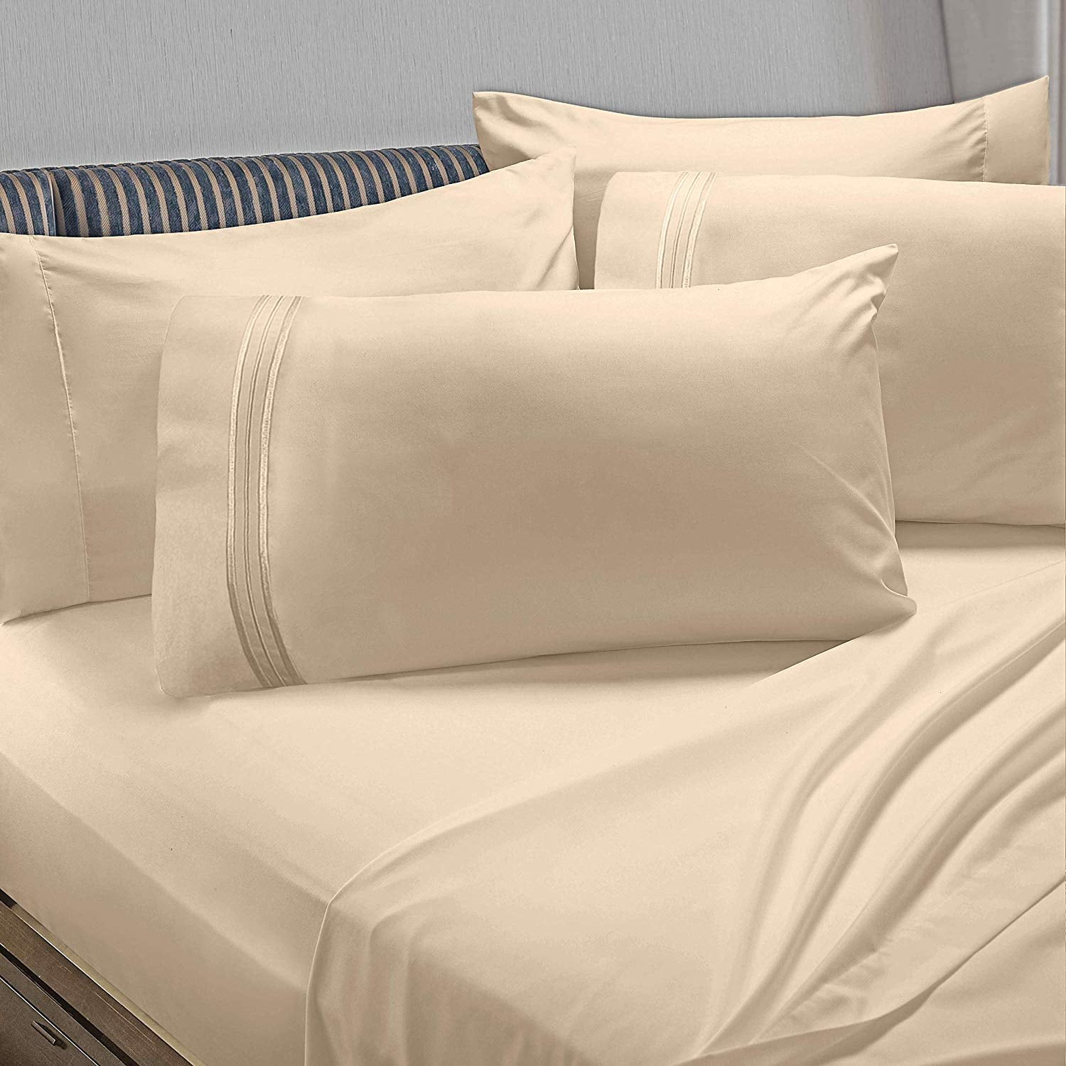 Clara Clark 6 Piece 1800 Microfiber Collection Bed Sheet Set, Deep Pockets Fitted Sheet, Queen, Beige Cream
