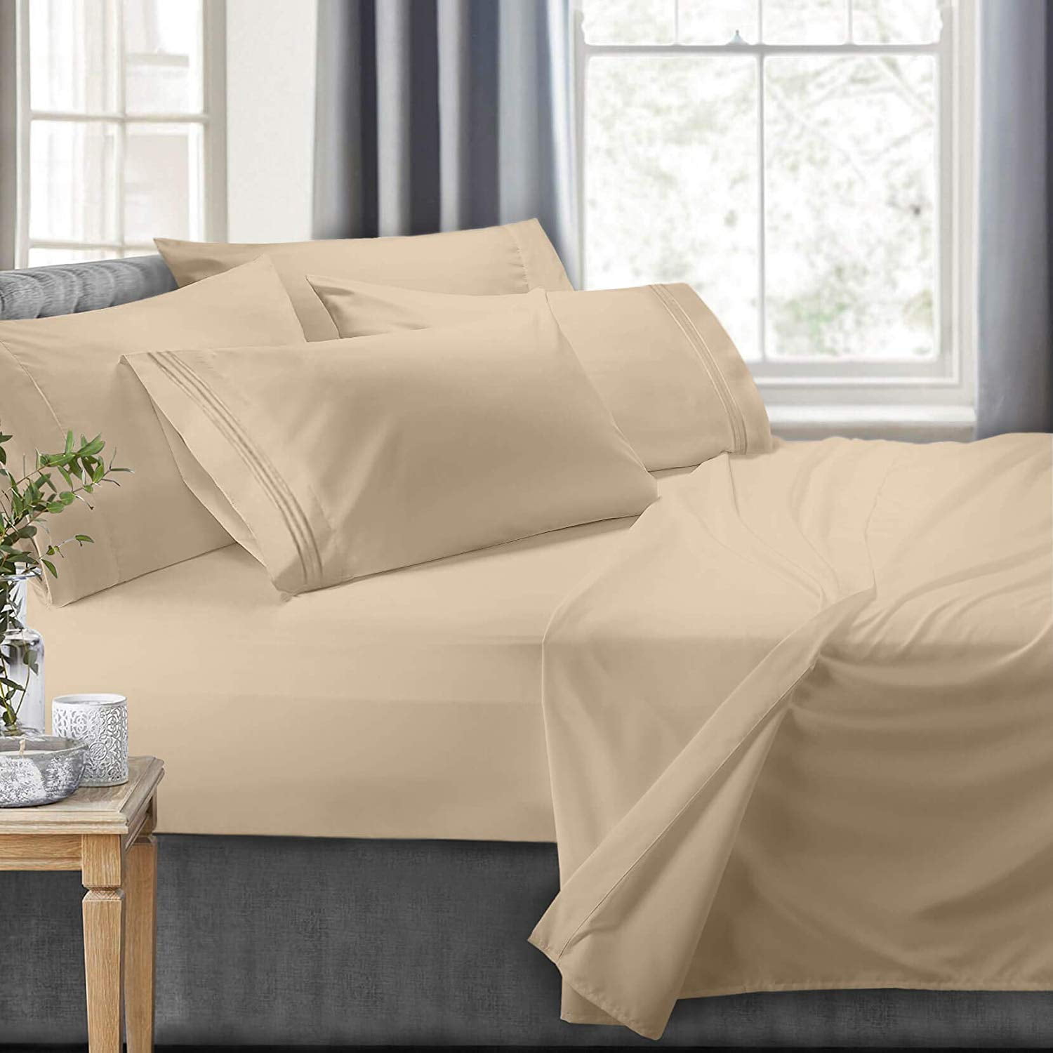 Clara Clark 6-Piece Beige Bed Sheet Set, Queen – Deep Pocket, Hypoallergenic
