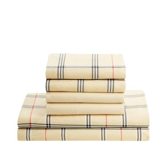 Clara Clark 6 Piece Burberry Taupe Plaid Microfiber, Full Size - Hypoallergenic