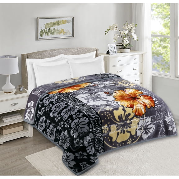 Virtu 9 Lbs Plush Fleece Blanket, 2 Ply Thick Heavy Reversible Raschel Korean Style Warm Bed Blanket, Queen, Gray Floral