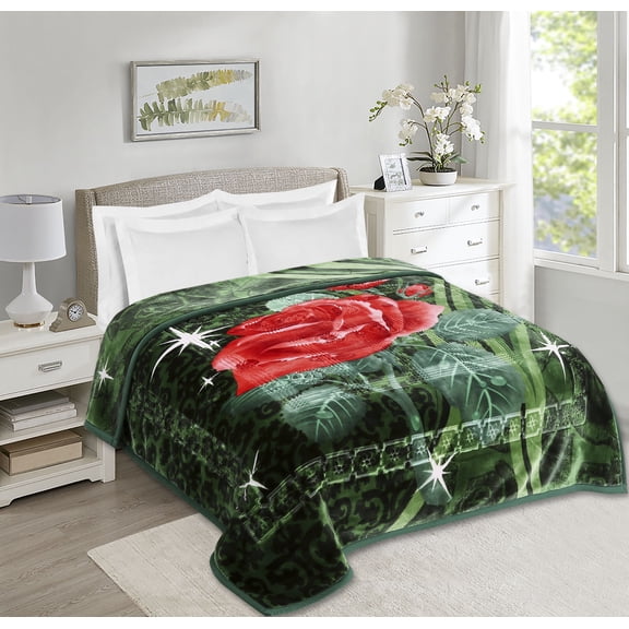 Virtu 9 Lbs Plush Fleece Blanket, 2 Ply Thick Heavy Reversible Raschel Korean Style Warm Bed Blanket, Queen, Green Rose