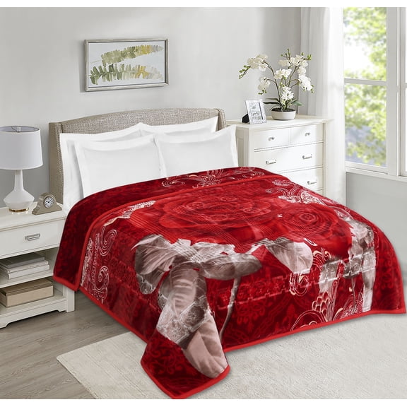 Virtu 9 Lbs Plush Fleece Blanket, 2 Ply Thick Heavy Reversible Raschel Korean Style Warm Bed Blanket, Queen, Red Rose