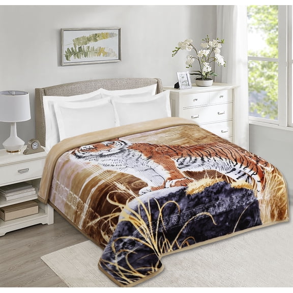 Virtu 9 Lbs Plush Fleece Blanket, 2 Ply Thick Heavy Reversible Raschel Korean Style Warm Bed Blanket, Queen, Tiger