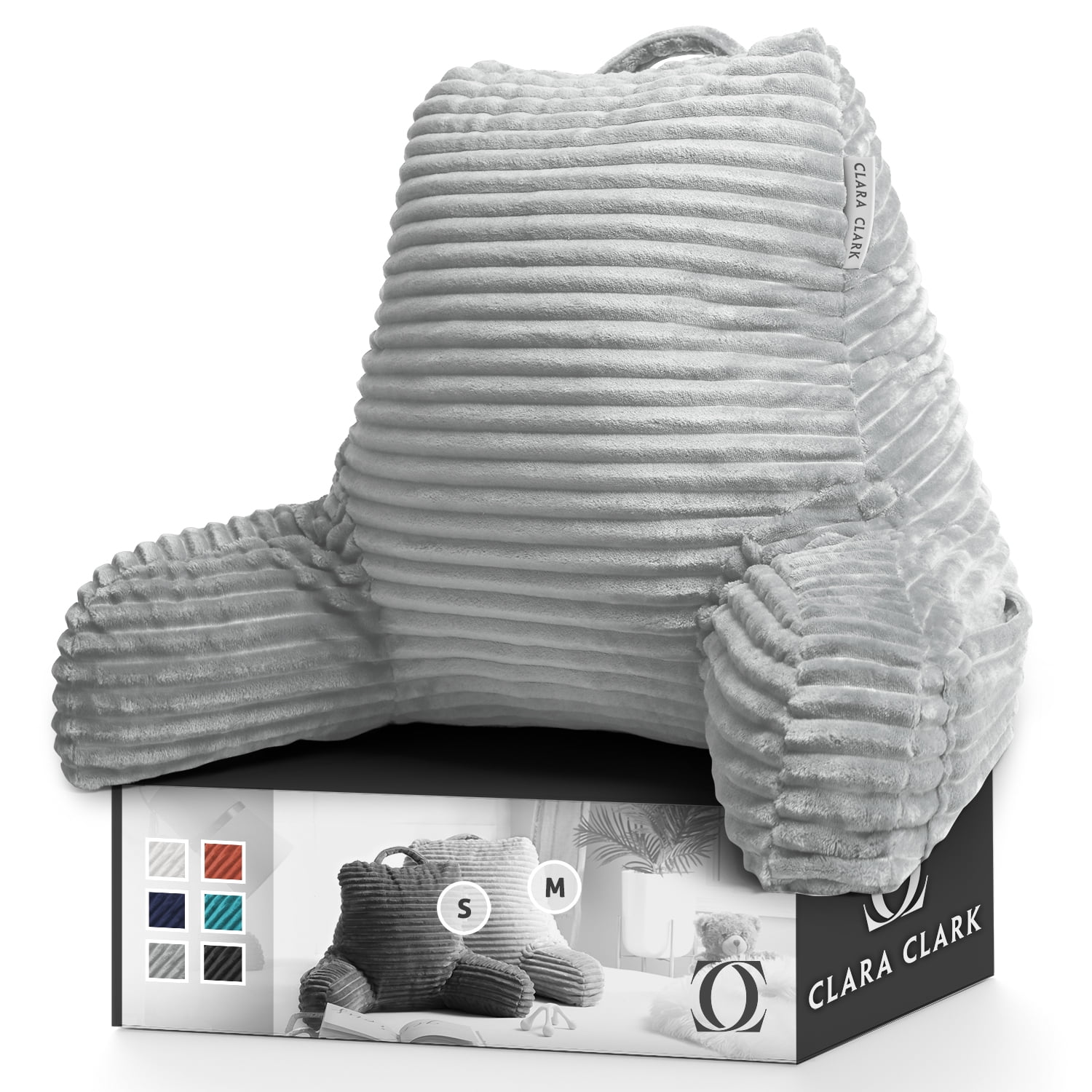 Clara Clark Backrest with Arms and Pockets- Premium Shredded Memory Foam, Medium, Silver