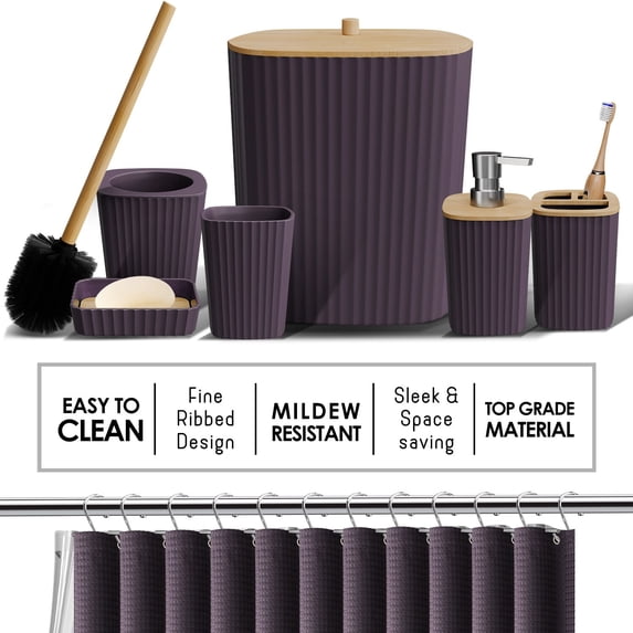 Clara Clark Bamboo Bathroom Accessories Set with Shower Curtain Set, Toilet Brush, Trash Can & Soap Dispenser Complete Set + Bath Rugs - Purple