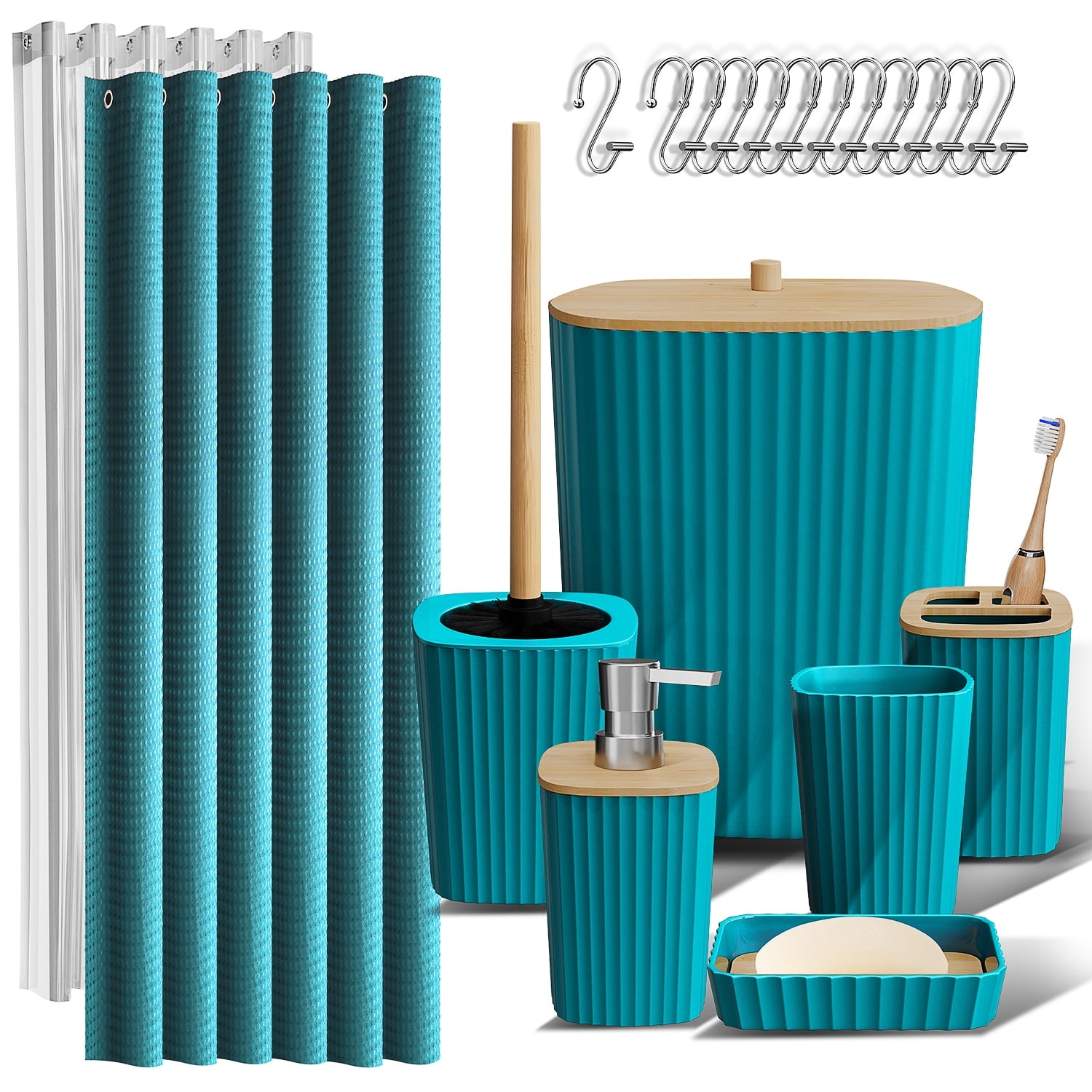 Teal Plastic and Bamboo 20-Piece Bathroom Accessories Set