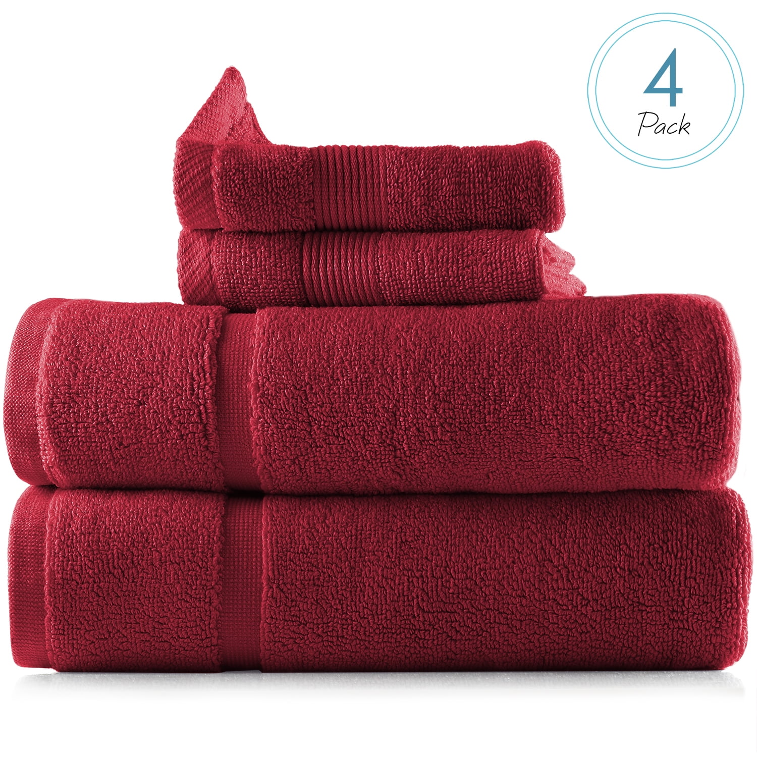 Clara Clark Bath Towels Set, 100% Cotton Luxury Softness 4 Pc Set, Red