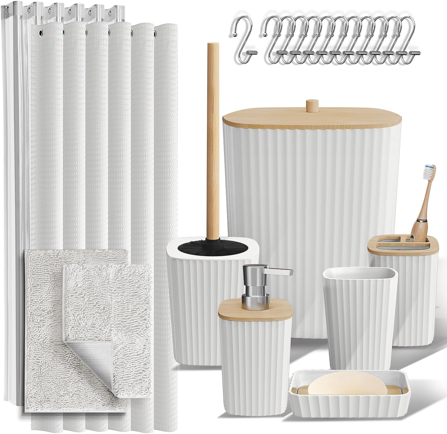 20-Piece Black Modern Bathroom Set - Includes Shower Curtain, Toothbrush Holder, Soap Dispenser, Tray, Jars & More