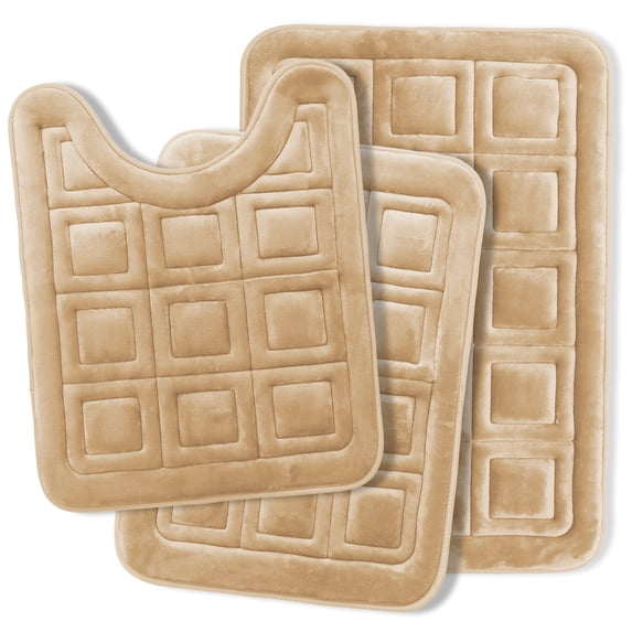 Clara Clark Bathroom Rugs, Velvet Memory Foam Bath Mat, Ultra Soft Non Slip and Absorbent - Waffled - Set Small, Large & Contour - Beige