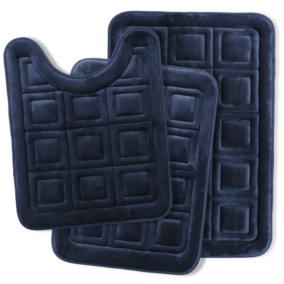 Clara Clark Bathroom Rugs, Velvet Memory Foam Bath Mat, Ultra Soft Non Slip and Absorbent - Waffled - Set Small, Large & Contour - Navy