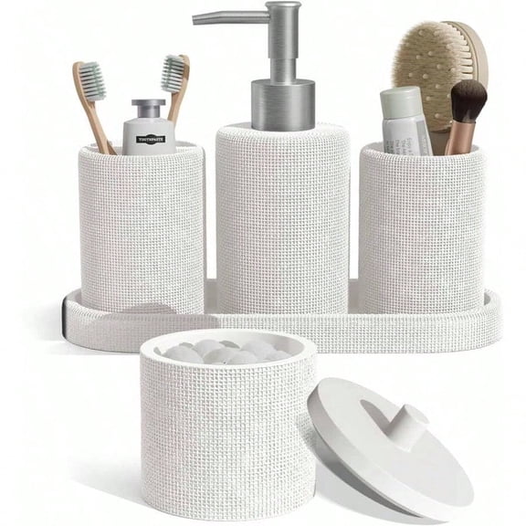 Clara Clark Bathroom Set - White Bathroom Accories Set 5PC Bathroom Accory Set Bathroom Sets with Soap Dispenser Toothbrush Holder Tumbler Cotton Swab Jar Vanity Tray