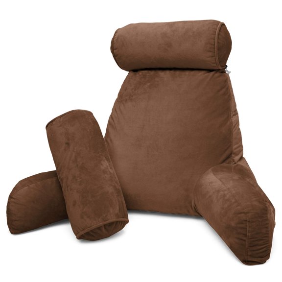 Clara Clark Bed Rest Pillow with Arms and Pockets, Detachable Neck Roll, Large, Brown