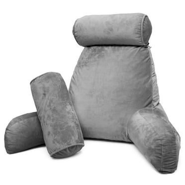 Clara Clark Bed Rest Reading Pillow with Arms and Pockets - Premium Shredded Memory Foam TV Pillow, Detachable Neck Roll & Lumbar Support Pillow, Large, Gray