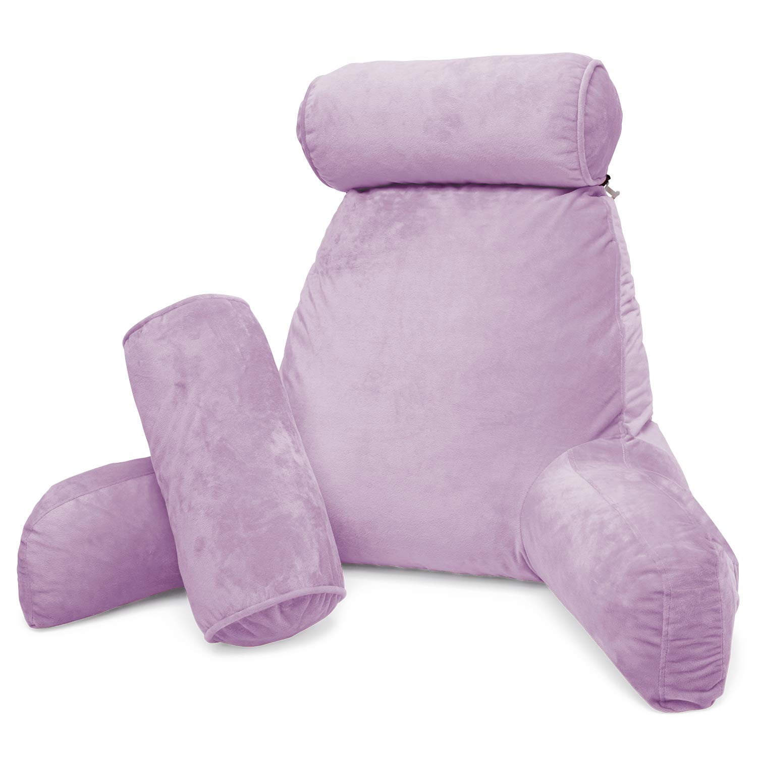 Clara Clark Bed Rest Reading Pillow with Arms and Pockets - Premium Shredded Memory Foam TV Pillow, Detachable Neck Roll & Lumbar Support Pillow, Large, Light Purple