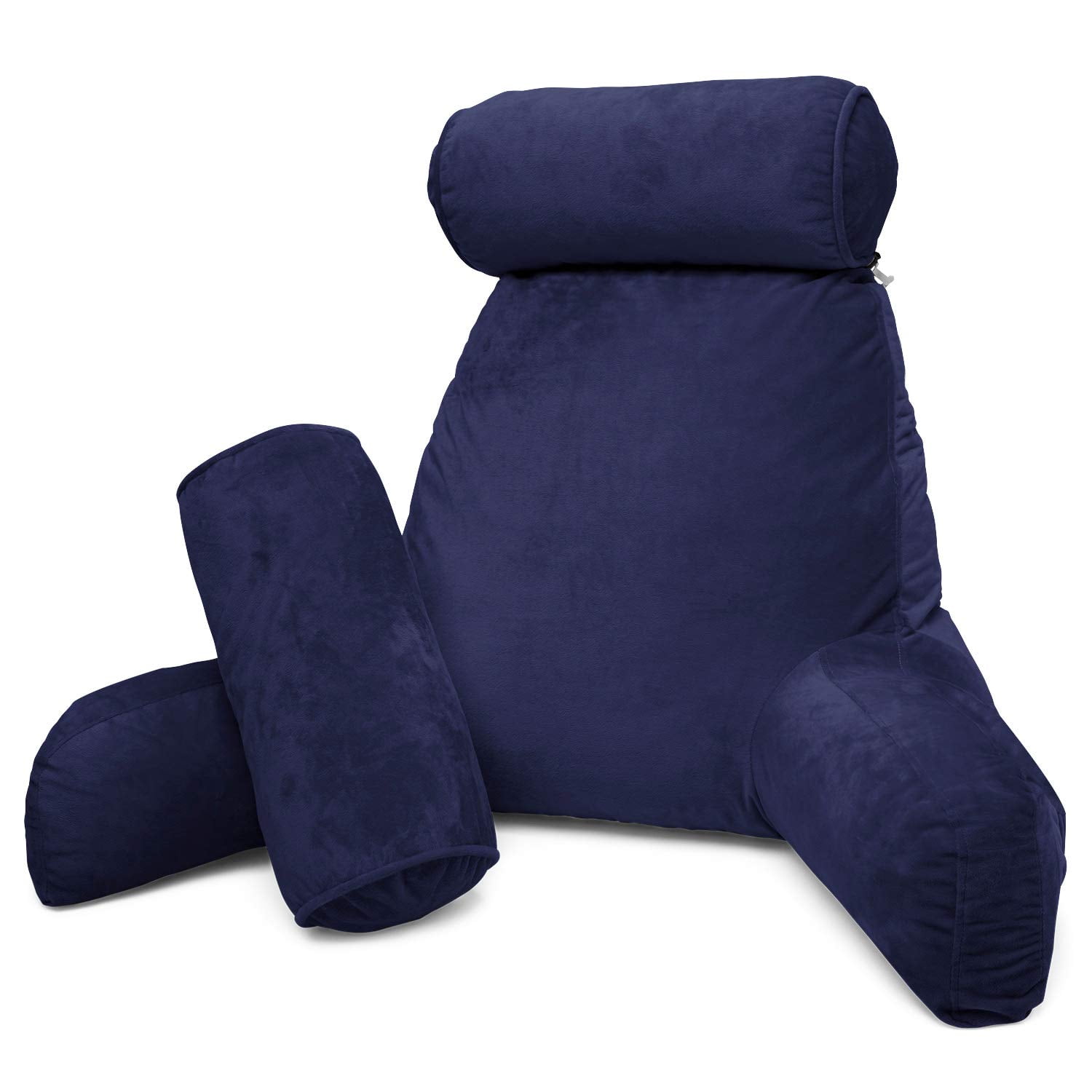 Clara Clark Bed Rest Reading Pillow with Arms and Pockets - Premium Shredded Memory Foam TV Pillow, Detachable Neck Roll & Lumbar Support Pillow, Large, Navy Blue