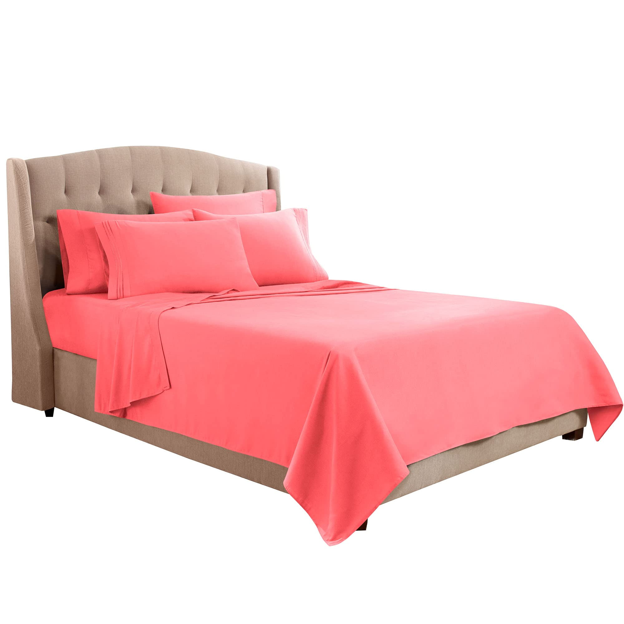Clara Clark Bed Sheets, Premier 1800 Series Bed Sheet Set with Extra Set Pillowcases, Deep Pocket Fitted Sheet, Luxury Soft Bedding Sheets & Pillowcases, Flex-Top King, Coral Pink