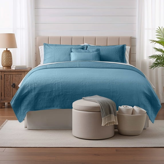 Clara Clark Quilt Sets, 5 Piece Lightweight Reversible Quilt Bedspread, Grid Weave Coverlet Bedding Set, Queen Blue Heaven