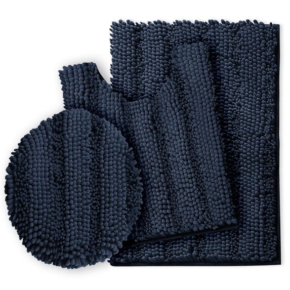 Clara Clark Chenille Super Absorbent Bath Mat - Extra Soft - Shower and Bath Room - Machine wash dry - Medium 20 X 32, Contour 22 X 19, Seat 18.5 X 19.5 - Navy