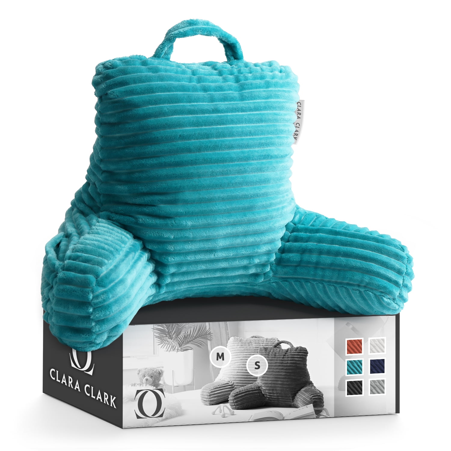 Clara Clark Cut Plush Striped Reading Pillow for Kids & Teens, Small Back Pillow, Back Support Pillow, Shredded Memory Foam Bed Rest Pillow with Arms, Teal