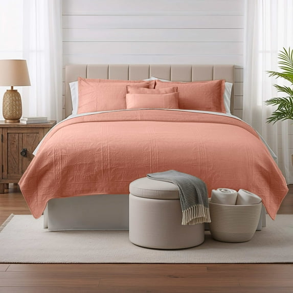 Clara Clark Quilt Sets, 4 Piece Lightweight Reversible Quilt Bedspread, Grid Weave Coverlet Bedding Set, Twin Bali Blush