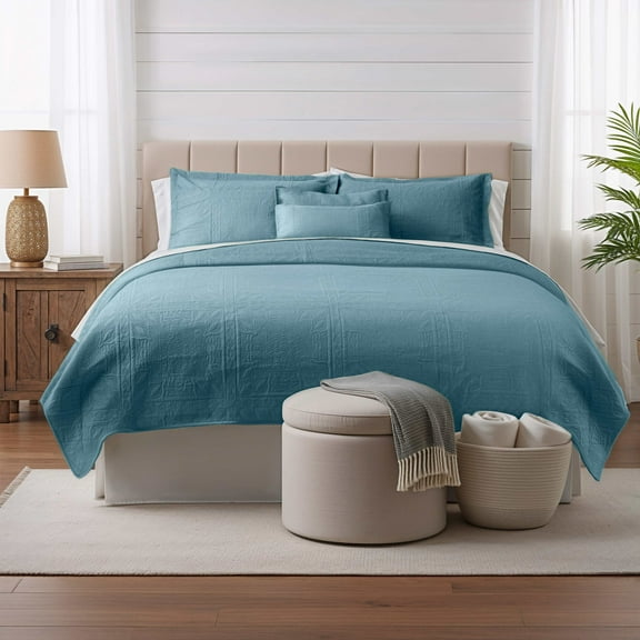 Clara Clark Quilt Sets, 4 Piece Lightweight Reversible Quilt Bedspread, Grid Weave Coverlet Bedding Set, Twin Stone Blue