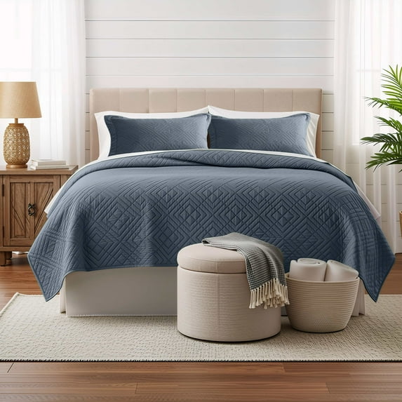 Clara Clark Quilt Sets, 5 Piece Lightweight Reversible Quilt Bedspread, Diamond Weave Coverlet Bedding Set, King Slate Blue