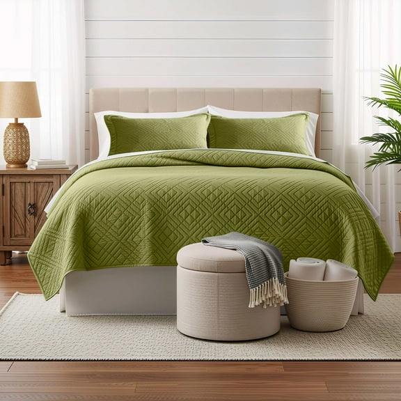 Clara Clark Quilt Sets, 5 Piece Lightweight Reversible Quilt Bedspread, Diamond Weave Coverlet Bedding Set, Queen Olive Green