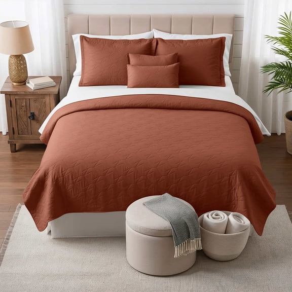 Clara Clark Quilt Sets, 5 Piece Lightweight Reversible Quilt Bedspread, Ellipse Weave Coverlet Bedding Set, King Mocha Brown