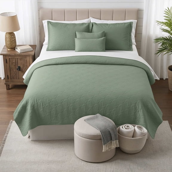 Clara Clark Quilt Sets, 5 Piece Lightweight Reversible Quilt Bedspread, Ellipse Weave Coverlet Bedding Set, King Sage Green