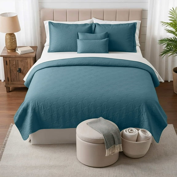 Clara Clark Quilt Sets, 5 Piece Lightweight Reversible Quilt Bedspread, Ellipse Weave Coverlet Bedding Set, King Stone Blue