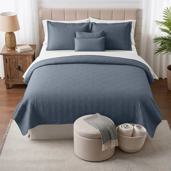 Clara Clark Quilt Sets, 5 Piece Lightweight Reversible Quilt Bedspread, Ellipse Weave Coverlet Bedding Set, Queen Slate Blue