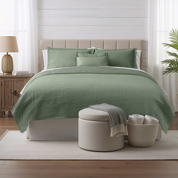 Clara Clark Quilt Sets, 5 Piece Lightweight Reversible Quilt Bedspread, Grid Weave Coverlet Bedding Set, Queen Sage Green
