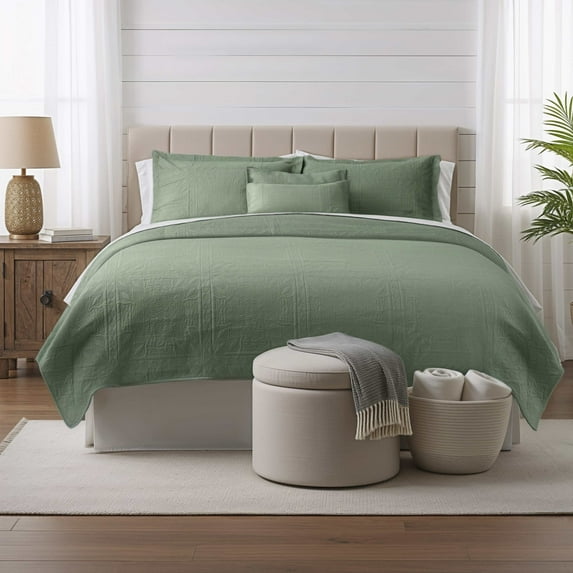Clara Clark Quilt Sets, 5 Piece Lightweight Reversible Quilt Bedspread, Grid Weave Coverlet Bedding Set, Queen Sage Green