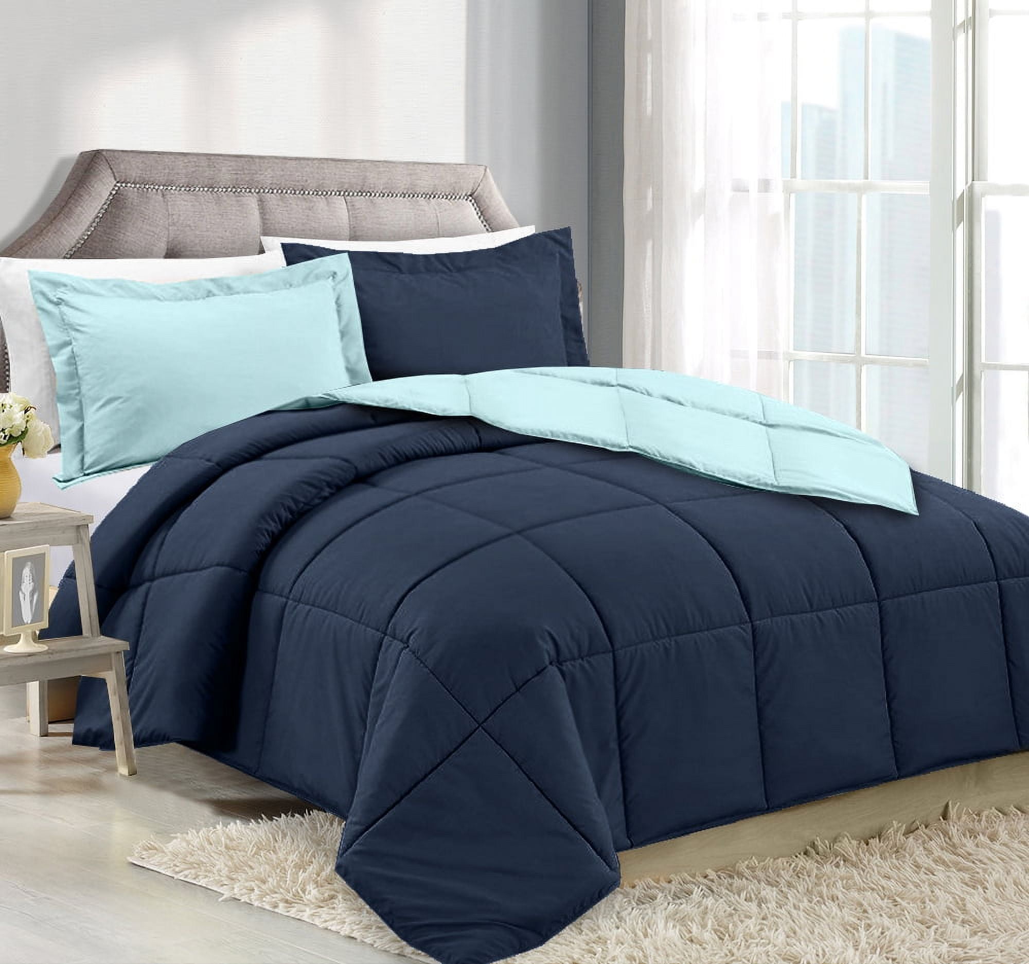 Clara Clark Luxury Soft Down Alternative Reversible Comforter Set, King, Navy/Aqua, All Season, 3 Piece