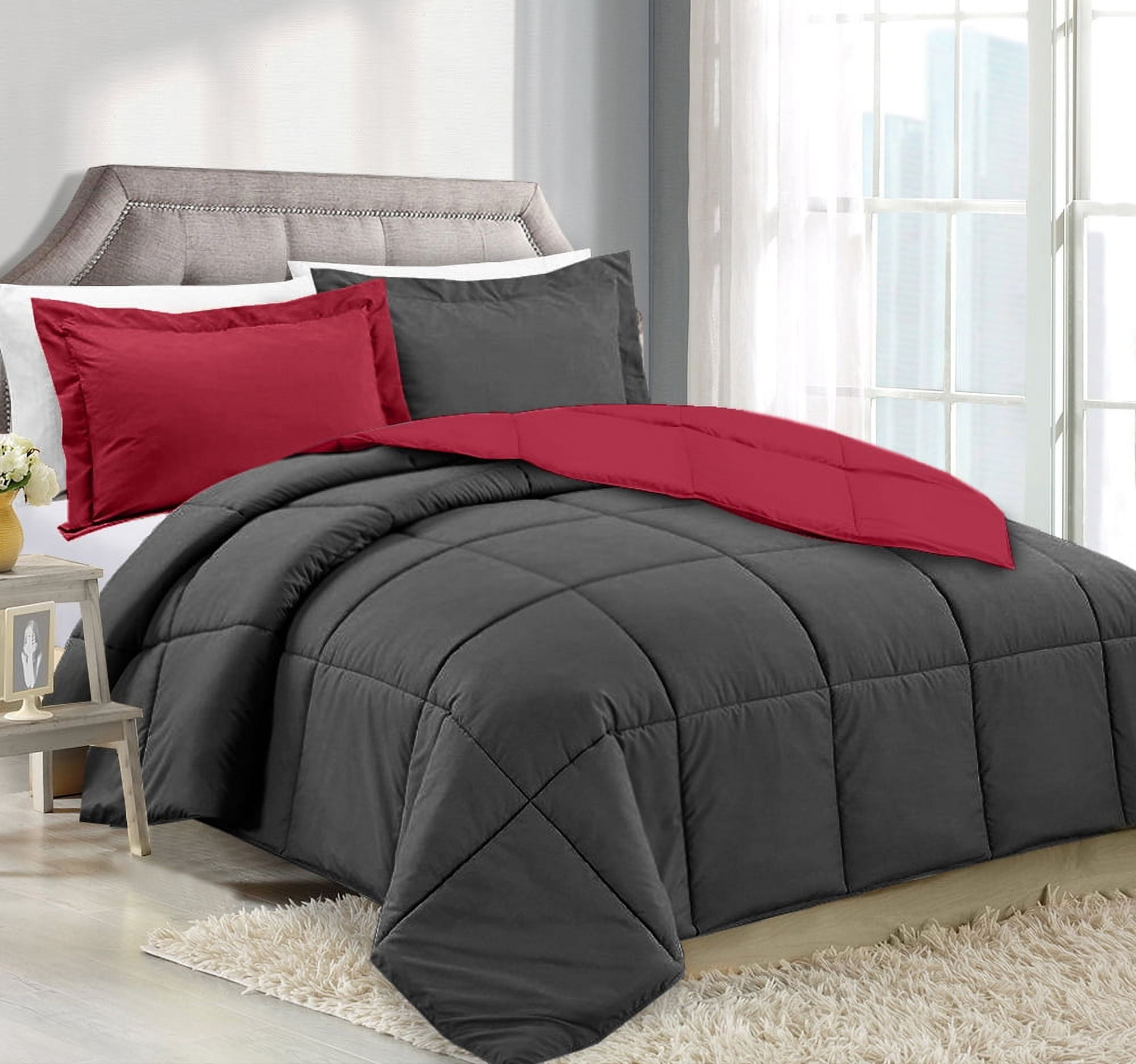 Clara Clark Luxury Soft Down Alternative Reversible Comforter Set, Queen, Gray/Burgundy, All Season, 3 Piece