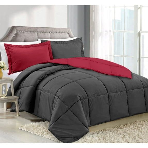Clara Clark Luxury Soft Down Alternative Reversible Comforter Set, Queen, Gray/Burgundy, All Season, 3 Piece