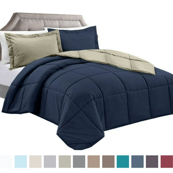 Clara Clark Luxury Soft Down Alternative Reversible Comforter Set, Queen, Navy/Sage, All Season, 3 Piece