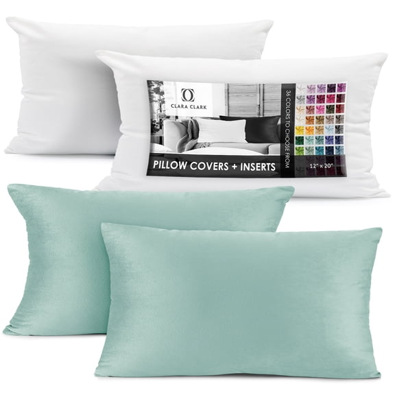 Clara Clark Plush Solid Decorative Microfiber Rectangle Throw Pillow Cover with Throw Pillow Insert for Couch, Aqua, 12"x20"", 4 Piece Decorative Soft Throw Pillow Set